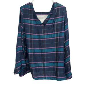 Loft Women's Plaid Bell Sleeve Blouse Sz L Navy Teal Boho Casual Workwear Chic